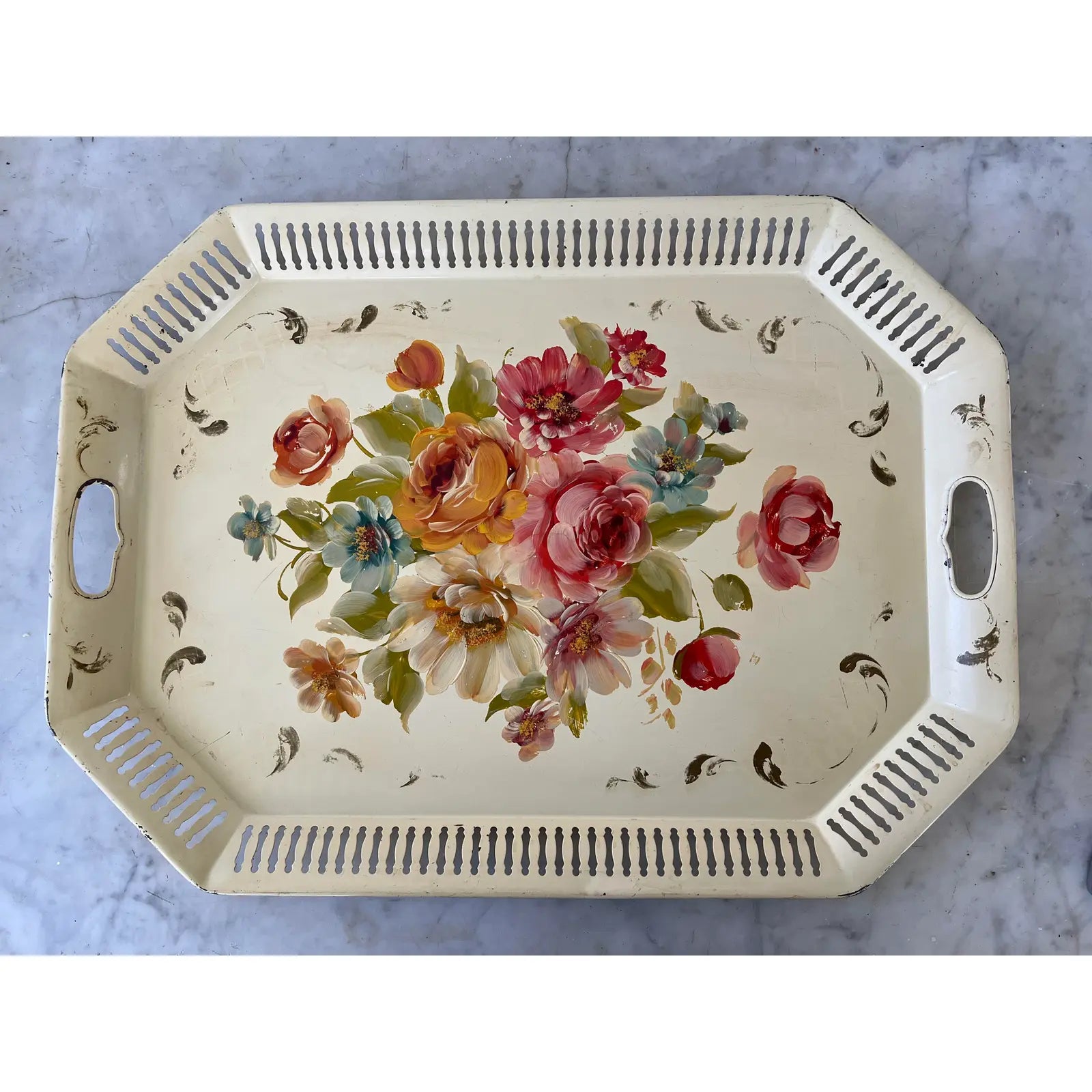 Vintage Round Tole Metal Tray - Handpainted Rose and Iris Bouquet - Mi – In  The Vintage Kitchen Shop